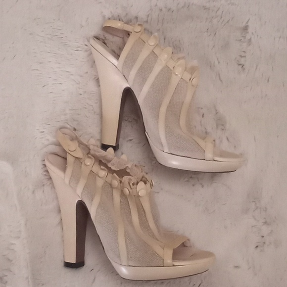 Nina Ricci Rare Italian Leather and Mesh w Ruffled Lace Victorian Button… - Picture 4 of 13